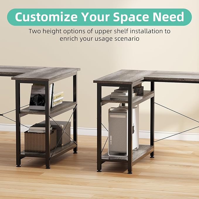 COTUBLR L Shaped Computer Desk, 47 Inch Small Corner Desk with Storage Shelves, Computer Desk Table Laptop Table Writing Desk Study Table for Home Office Workstation Small Spaces (Grey Oak) - LeafyLoom