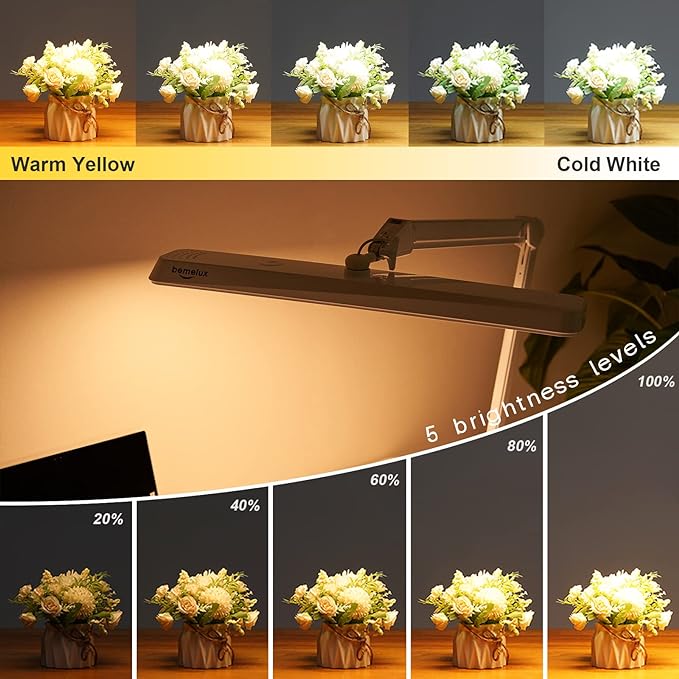 LED Architect Desk Lamp with Clamp, Metal Swing Arm 2000 Lumens Dimming Office Table Lamp for Task Work Drafting Reading Desktop, 234PCS Bright LEDs, 24W, 5 Color Temperatures Workbench Lamp - LeafyLoom
