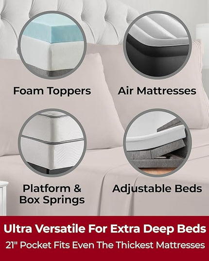 Mellanni Extra Deep Queen Sheets - 4 PC Iconic Collection Bedding Sheets & Pillowcases - Hotel Luxury, Ultra Soft, Cooling Bed Sheets - Extra Deep Pocket up to 21 inch (Queen, Tan) - LeafyLoom