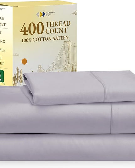 California Design Den Softest 100% Cotton Sheets, Twin XL Sheets Set, 3 Pieces, 400 Thread Count Sateen, Dorm Rooms & Adults, Deep Pocket Sheets, Cooling Sheets (Lavender Gray) - LeafyLoom