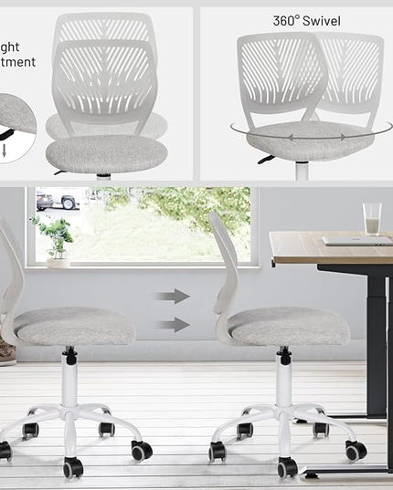 FurnitureR Desk Chair Armless, Study Computer Chair Adjustable Swivel for Student Children Kids, Comfy Cute Home Office Chair Fabric Seating Cushion and Plastic Low-Back with Rolling Wheels, Grey - LeafyLoom