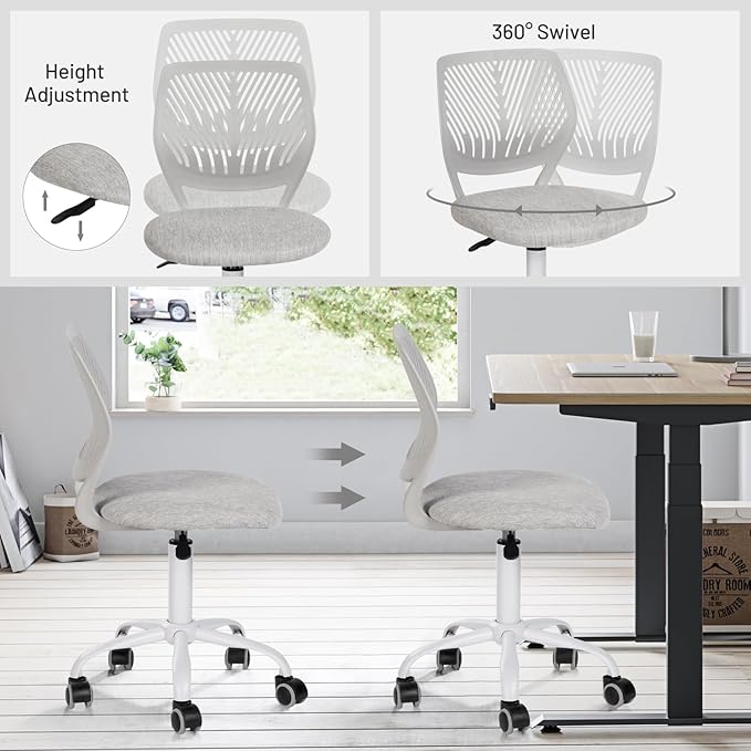 FurnitureR Desk Chair Armless, Study Computer Chair Adjustable Swivel for Student Children Kids, Comfy Cute Home Office Chair Fabric Seating Cushion and Plastic Low-Back with Rolling Wheels, Grey - LeafyLoom