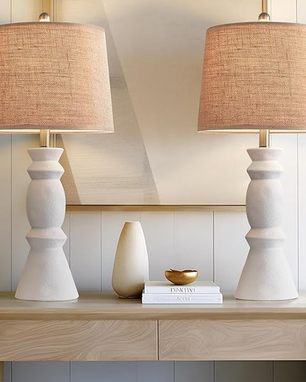 Oneach 25.75'' Farmhouse Ceramic Table Lamp for Living Room White Bedside Lamps Office White Table Lamp Set of 2 for Bedroom Retro Nightstand Lamp End Table Lamps - LeafyLoom