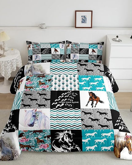 Horse Bedding,Western Farmhouse Horse Comforter Set For Girls Twin Bed,Boho Arrow Teal Zebra Stripe Comforter For Kids Boys Women,Rose Flower Rustic Cowboy Quilt Duvet sets 1 Pillowcases Black White - LeafyLoom