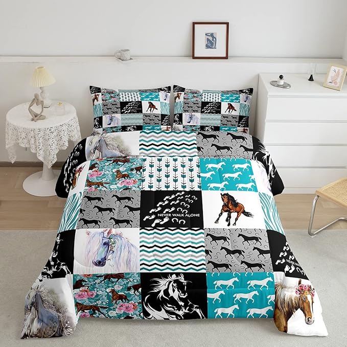 Horse Bedding,Western Farmhouse Horse Comforter Set For Girls Twin Bed,Boho Arrow Teal Zebra Stripe Comforter For Kids Boys Women,Rose Flower Rustic Cowboy Quilt Duvet sets 1 Pillowcases Black White - LeafyLoom