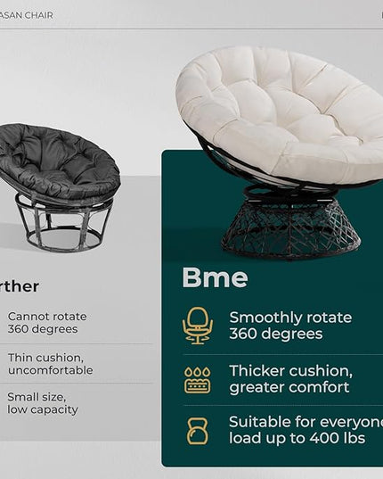 Bme 40" Ergonomic Wicker Papasan Chair with Soft Thick Density Fabric Cushion, High Capacity Steel Frame, 360 Degree Swivel for Living, Bedroom, Reading Room, Lounge - LeafyLoom