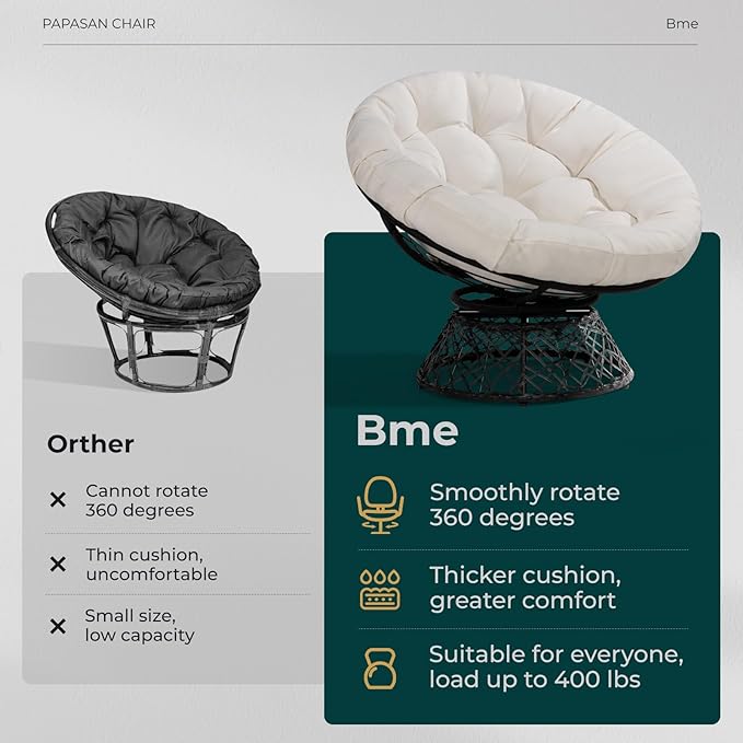 Bme 40" Ergonomic Wicker Papasan Chair with Soft Thick Density Fabric Cushion, High Capacity Steel Frame, 360 Degree Swivel for Living, Bedroom, Reading Room, Lounge - LeafyLoom