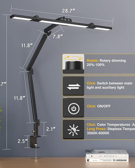Led Desk Lamp for Office Home, Architect Desk Lamp with Clamp, Ultra Bright Dimmable Table Light, Stepless Dimming and Tempering Desk Light for Workbench Drafting Reading Study (Black) - LeafyLoom