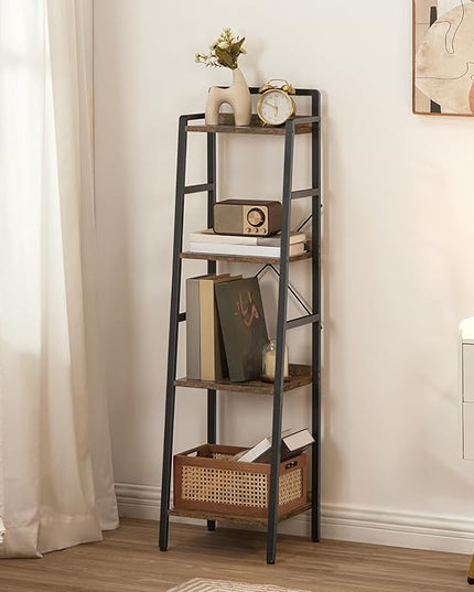 HOOBRO Bookcase, 4-Tier Narrow Bookshelf, Industrial Ladder Shelf, Skinny Bookshelf for Small Spaces, Corner Storage Shelf for Home Office, Living Room, Rustic Brown and Black BF34SJ01 - LeafyLoom