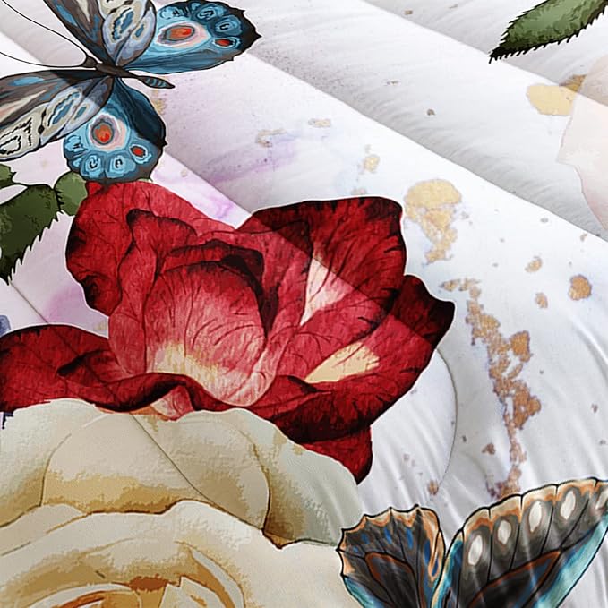 Butterfly Comforter Set for Girls Kids Adults Watercolor Butterfly Rose Bedding Set Aesthetics Butterflies Quilt Duvet Set Full Size with 1 Comforter and 2 Pillowcases - LeafyLoom