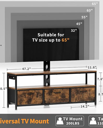 JUSTOGO TV Stand with Mount and Power Outlet, TV Stand with Drawers Storage for Living Room Bedroom, LED Entertainment Center for 45/55/60/65 inch TVs, Height Adjustable Media Console, Rustic - LeafyLoom