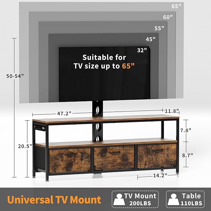 JUSTOGO TV Stand with Mount and Power Outlet, TV Stand with Drawers Storage for Living Room Bedroom, LED Entertainment Center for 45/55/60/65 inch TVs, Height Adjustable Media Console, Rustic - LeafyLoom