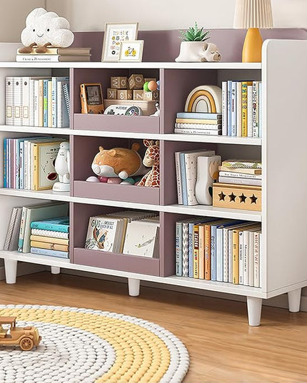 Wooden Cube Bookcase with Legs - 3-Tier Open Shelf Kidsroom Sorted Storage Cabinet Organizer for Books and Toys, 9-Cube Lattice Cute Cubby Bookshelf in White Mixed Mocha Brown, 47" W - LeafyLoom