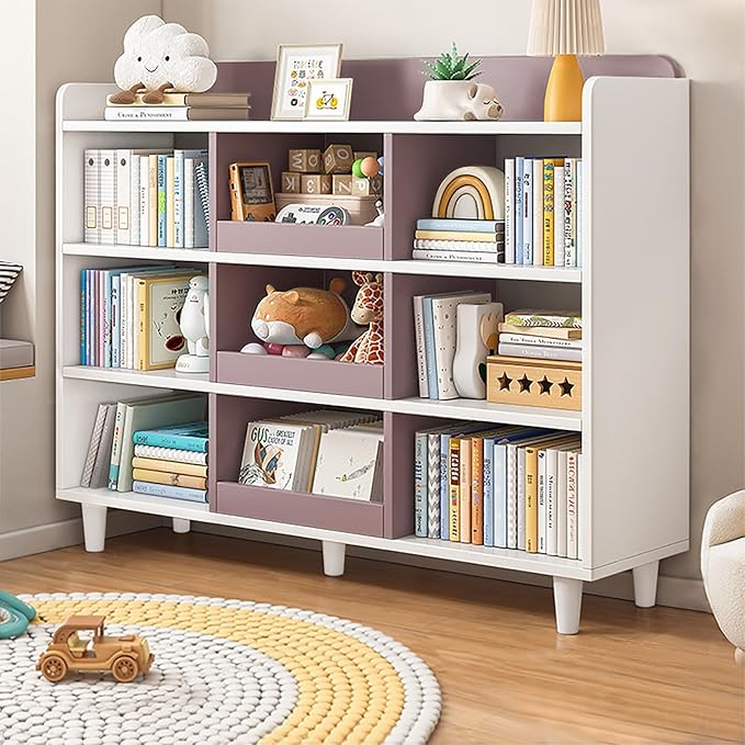 Wooden Cube Bookcase with Legs - 3-Tier Open Shelf Kidsroom Sorted Storage Cabinet Organizer for Books and Toys, 9-Cube Lattice Cute Cubby Bookshelf in White Mixed Mocha Brown, 47" W - LeafyLoom