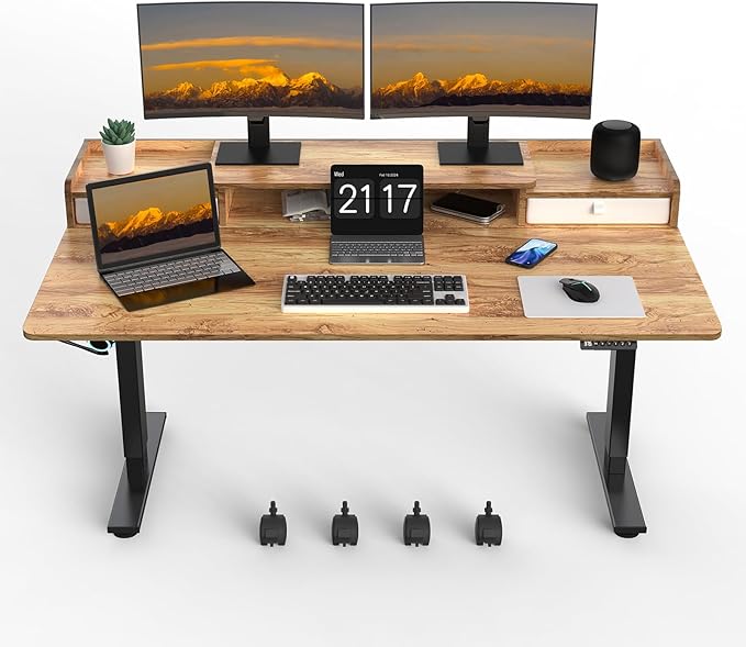 63×30 Inch Electric Standing Desk with 2 Drawers, Adjustable Height Widened Stand Up Desk with Storage Shelf, Sit to Stand Ergonomic Workstation for Home Office - LeafyLoom