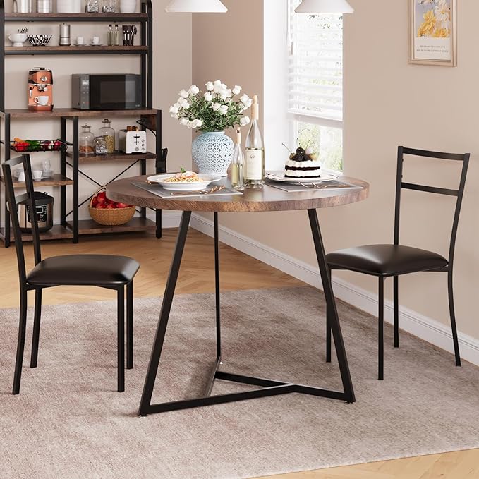 Dining Table Set for 2, Kitchen Table and Upholstered Chairs for 2, Round Dining Room Table Set with 2 Placemats, 3 Piece Dining Table Set for Small Space, Apartment, Studio, Rustic Brown - LeafyLoom