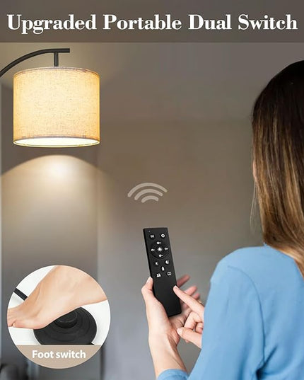 PESRAE Arc Floor Lamp with Remote Control, 9W/1000LM Stepless 3000K-6000K LED Bulb Included, Standing Lamp with Tall lamp with Adjustable Linen Lampshade for Bedroom,Living Room - LeafyLoom