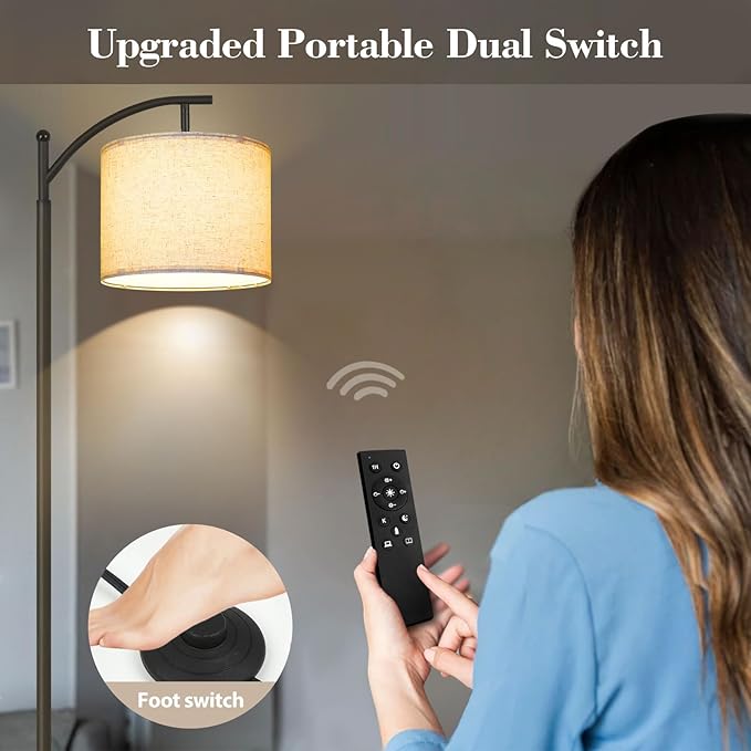 PESRAE Arc Floor Lamp with Remote Control, 9W/1000LM Stepless 3000K-6000K LED Bulb Included, Standing Lamp with Tall lamp with Adjustable Linen Lampshade for Bedroom,Living Room - LeafyLoom