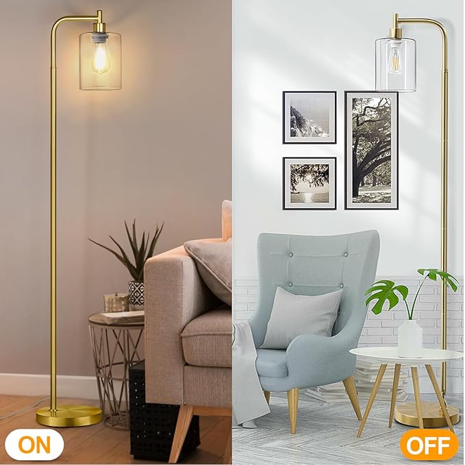 MAXvolador Industrial Floor Lamp, Modern Standing Lamps with Hanging Clear Glass Shade, Classic Reading Tall Pole Light for Living Room Bedroom, Gold - LeafyLoom