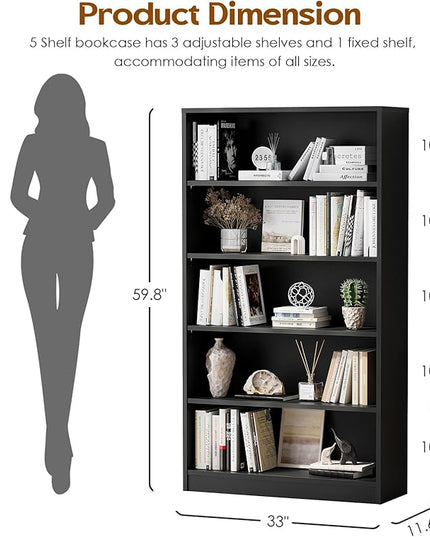 Soohow Black Bookcase,Bookshelf for Bedroom,60 inches Tall Wood Book case Book Shelves,5 Shelf Book Shelves for Living Room Office - LeafyLoom
