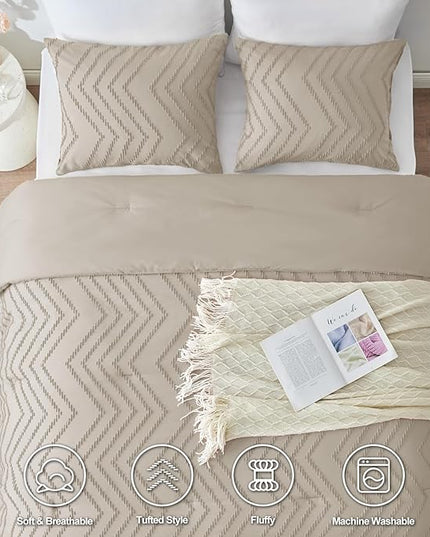 CozyLux California King Size Comforter Set Beige - 3 Pieces Cal King Boho Tufted Shabby Chic Bedding Comforter Set for All Seasons, Chevron Bedding Sets with Comforter & 2 Pillow Shams - LeafyLoom