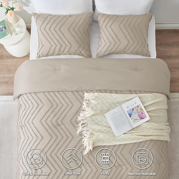 CozyLux King Size Comforter Set Beige - 3 Pieces Boho Tufted Shabby Chic Bedding Comforter Set for All Seasons, Chevron Bedding Sets with Comforter & 2 Pillow Shams - LeafyLoom