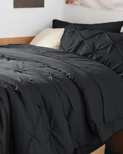 BEDSURE TwinXL Comforter Set with Sheets - 6 Pieces TwinXL Bedding Sets, Pinch Pleat Black Bed in a Bag with Comforters, Sheets & Skirt, Pillowcase & Sham, Kids Bedding Set - LeafyLoom