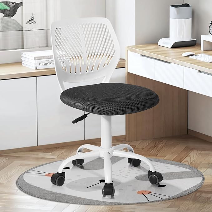 FurnitureR Desk Chair Small Study Chairs Armless for Child Kids Teens, Swivel Rolling Lightweight Task Chair with Wheels and Mesh Padded Cushion, Black/Grey - LeafyLoom