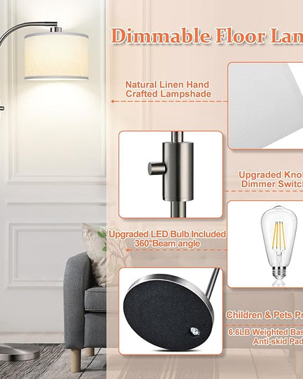 【Upgraded】 Dimmable Floor Lamp, 1200 Lumens LED Bulb Included, Gold Arc Floor Lamps for Living Room Modern Standing Lamp with Linen Shade, Tall Lamp for Living Room Bedroom Office Reading Room Nursery - LeafyLoom