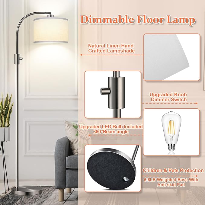 【Upgraded】 Dimmable Floor Lamp, 1200 Lumens LED Bulb Included, Gold Arc Floor Lamps for Living Room Modern Standing Lamp with Linen Shade, Tall Lamp for Living Room Bedroom Office Reading Room Nursery - LeafyLoom