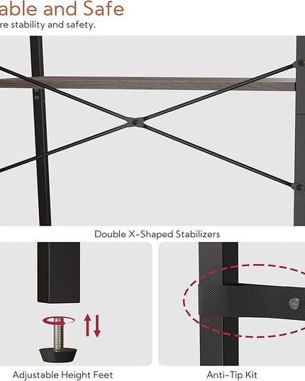Yusong Bookshelf, Ladder Shelf 5-Tier Bookcase for Bedroom, Industrial Book Shelves Storage Rack with Metal Frame for Home Office, Gray - LeafyLoom