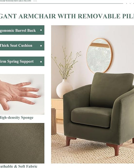 COLAMY Velvet Accent Chair with Storage Ottoman Set of 2, Upholstered Barrel Arm Chair with Footrest, Modern Living Room Chair with Back Pillow, Olive - LeafyLoom