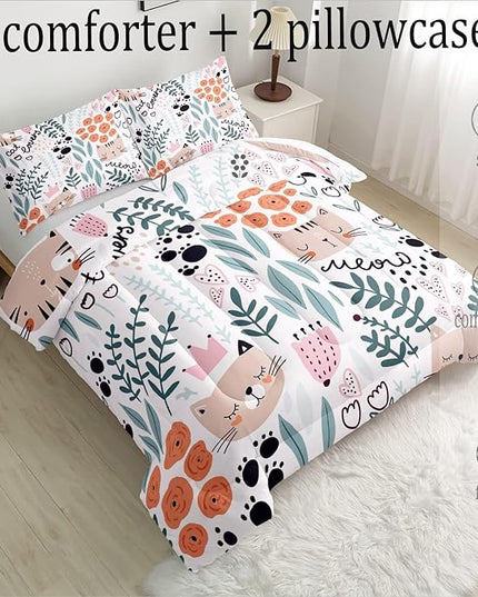 CVHOUSE Cat Bedding,Cartoon Cat Comforter Full,Animals Print Comforter Set for Kids,Kawaii Quilt Set with 1 Comforter and 2 Pillow Cases - LeafyLoom