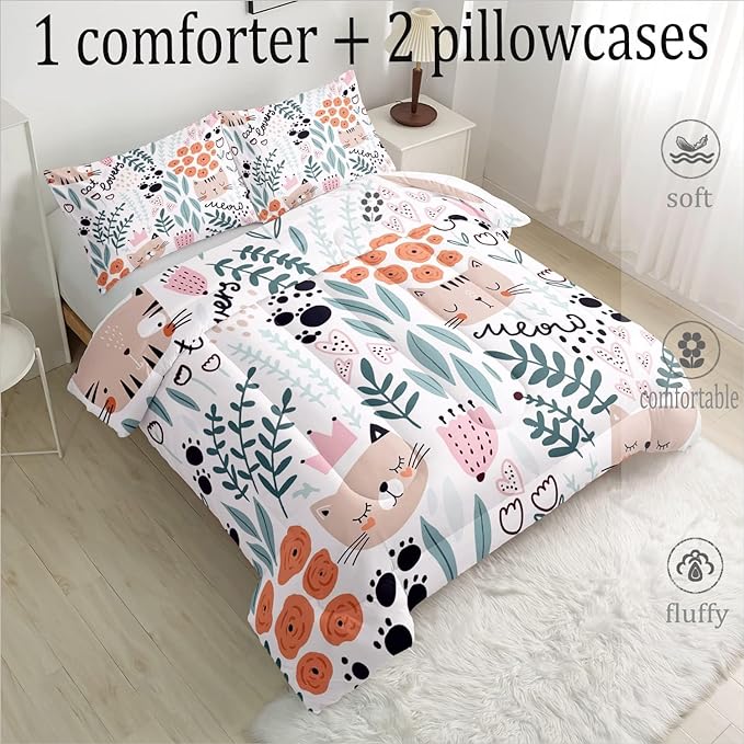 CVHOUSE Cat Bedding,Cartoon Cat Comforter Full,Animals Print Comforter Set for Kids,Kawaii Quilt Set with 1 Comforter and 2 Pillow Cases - LeafyLoom