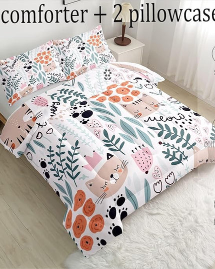 CVHOUSE Cat Bedding,Cartoon Cat Comforter Queen,Animals Print Comforter Set for Kids,Kawaii Quilt Set with 1 Comforter and 2 Pillow Cases - LeafyLoom