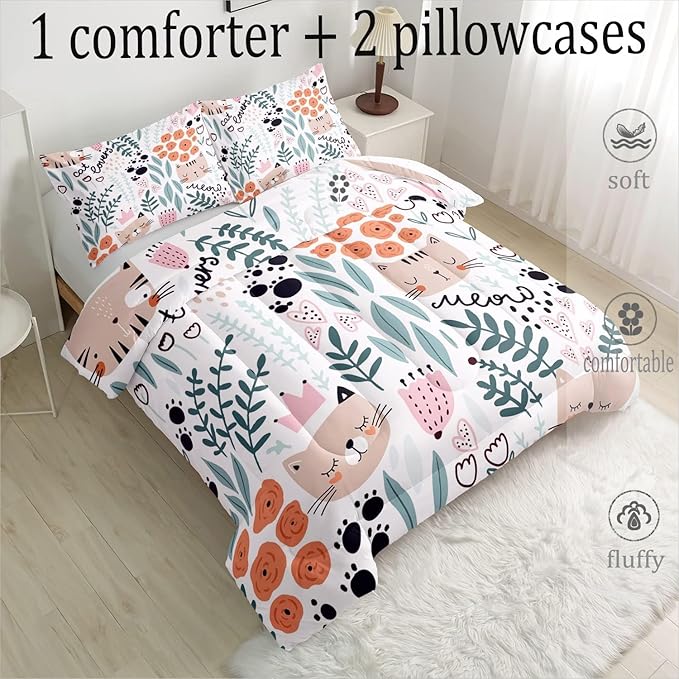 CVHOUSE Cat Bedding,Cartoon Cat Comforter Queen,Animals Print Comforter Set for Kids,Kawaii Quilt Set with 1 Comforter and 2 Pillow Cases - LeafyLoom