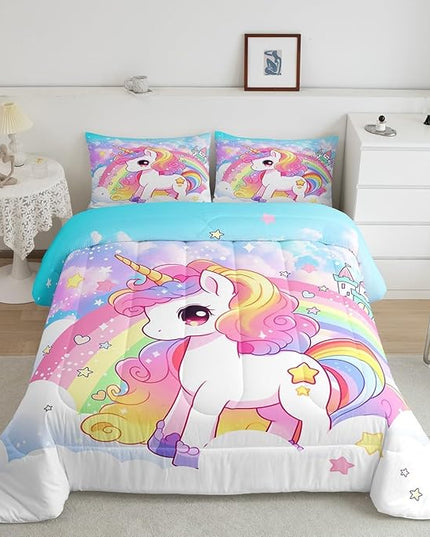 Manfei Cute Unicorn Kids Comforter Set Full Size,Rainbow Stars Cloud Dreamy Bedding Set,Girls Women Room Decor,Cartoon Animals Castle Girly Down Comforter,Pink Blue Unique Duvet Insert,2 Pillowcases - LeafyLoom