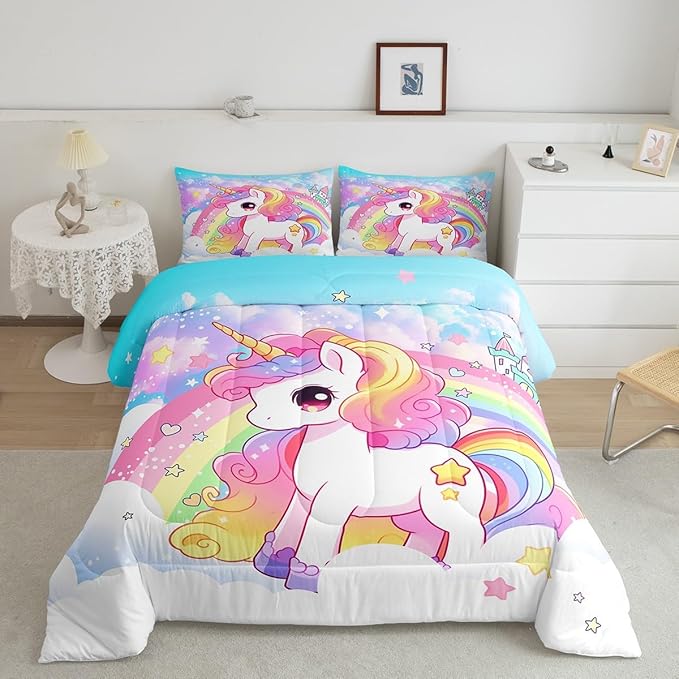 Manfei Cute Unicorn Kids Comforter Set Full Size,Rainbow Stars Cloud Dreamy Bedding Set,Girls Women Room Decor,Cartoon Animals Castle Girly Down Comforter,Pink Blue Unique Duvet Insert,2 Pillowcases - LeafyLoom