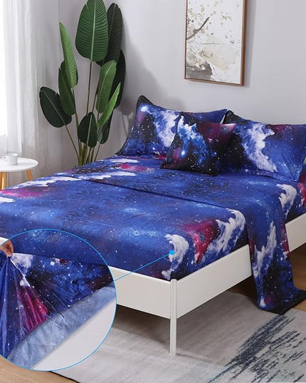 JQinHome Twin Galaxy Comforter Sets 6 Piece Bed in A Bag, Outer Space Themed Bedding for Children Boy Girl Teen Kids - (1 Comforter, 1 Flat Sheet, 1 Fitted Sheet, 2 Pillowshams, 1 Cushion Cover) - LeafyLoom