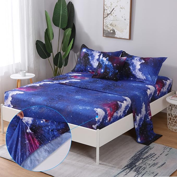 JQinHome Twin Galaxy Comforter Sets 6 Piece Bed in A Bag, Outer Space Themed Bedding for Children Boy Girl Teen Kids - (1 Comforter, 1 Flat Sheet, 1 Fitted Sheet, 2 Pillowshams, 1 Cushion Cover) - LeafyLoom