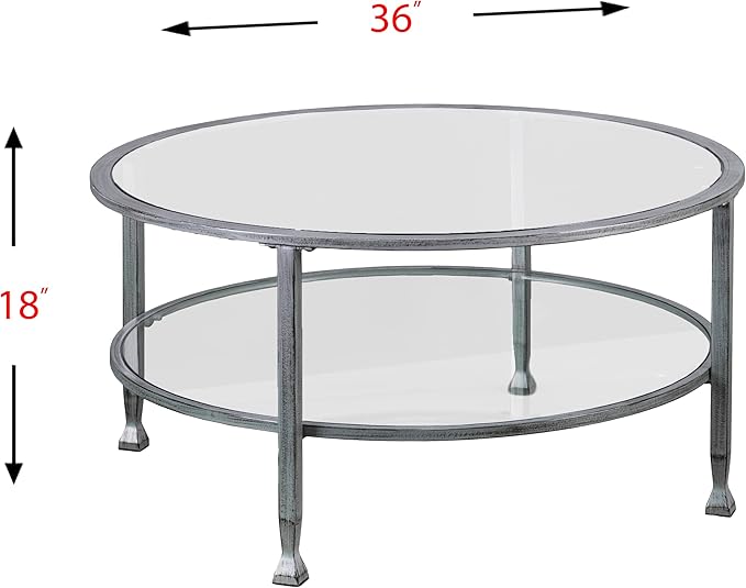 SEI Furniture Jaymes Metal & Glass Round 2-Tier Coffee Table, Silver/Black Distressing - LeafyLoom