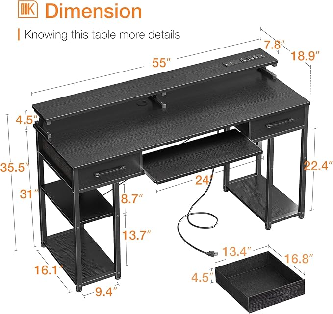 ODK Computer Desk with Drawers & Power Outlet, 55 Inch Office Desk with Keyboard Tray & Storage Shelves & PC Stand, Office Table Work Desk with Monitor Stand, Black - LeafyLoom