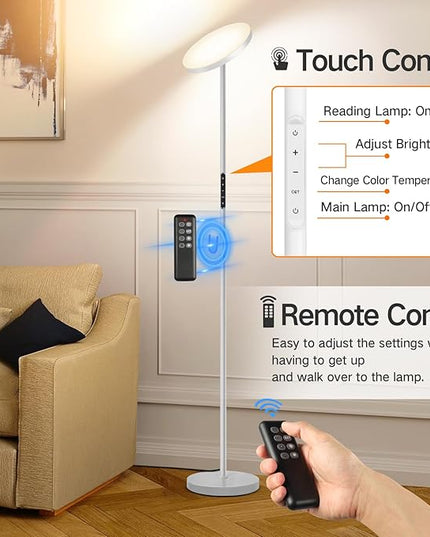 OUTON LED Torchiere Floor Lamp, Super Bright Dimmable Tall Standing Lamp with Remote Touch Control, 4 Color Temperatures, 1-Hour Timer for Living Room, Bedroom, Office (Light Grey) - LeafyLoom