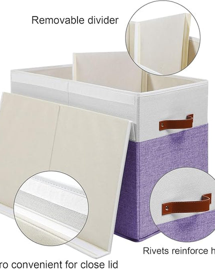 Large Toy Storage Box with Lid, Sturdy Toys Storage Chest Bin Organizer Basket with Dividers for Kids, Boys, Girls, Nursery, Closet, Bedroom, Playroom 25"x13" x16" (Purple and White) - LeafyLoom