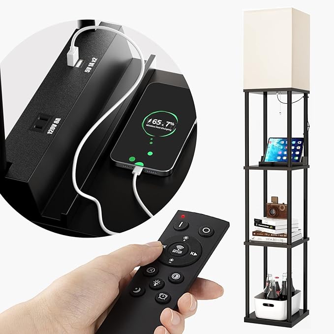 addlon Shelf Floor lamp with 2 USB Ports and Power Outlet, Remote Control Floor lamp for Living Room with 3 Color temperatures led Bulb, Display lamp for Bedroom and Office - Black - LeafyLoom