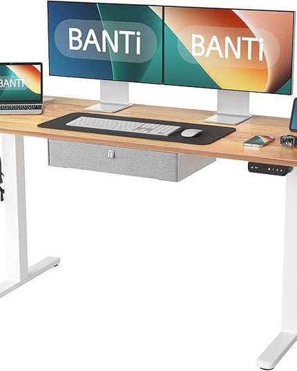 BANTI Electric Standing Desk with Drawer, Adjustable Height Sit Stand Up Desk, Home Office Desk Computer Workstation, 63x24 Inches, Ligh Vintage Brown - LeafyLoom