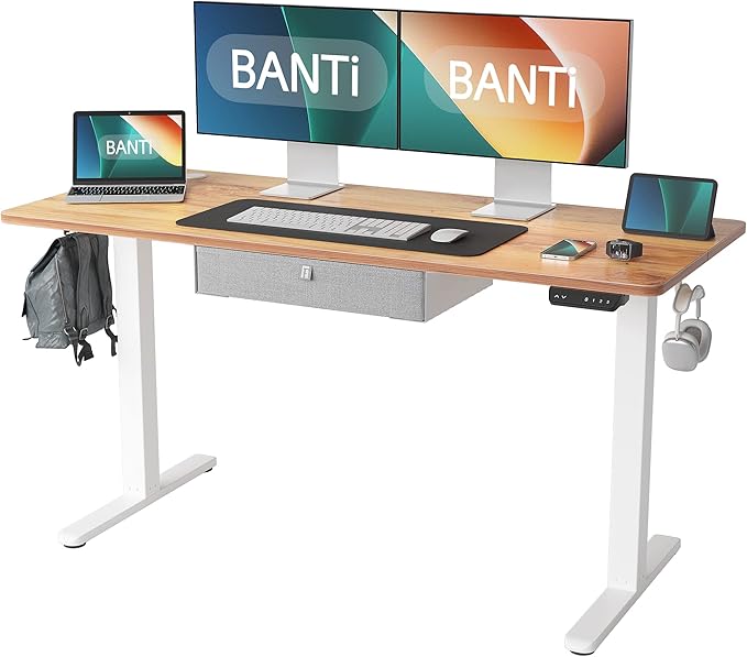 BANTI Electric Standing Desk with Drawer, Adjustable Height Sit Stand Up Desk, Home Office Desk Computer Workstation, 63x24 Inches, Ligh Vintage Brown - LeafyLoom