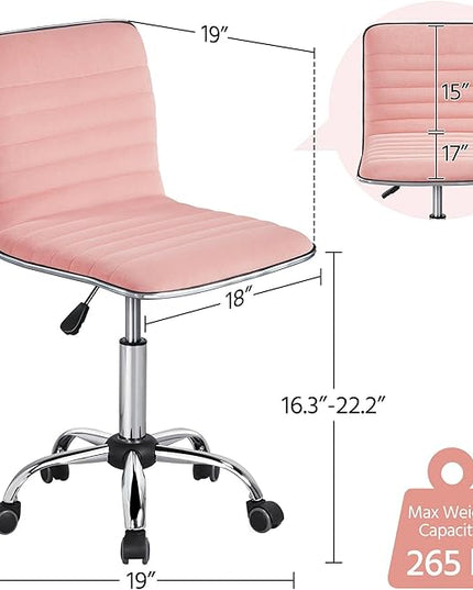 Yaheetech Velvet Low Back Vanity Chair Armless Ribbed Office Chair Swivel Task Chair Height Adjustable Chair Apricot Pink - LeafyLoom