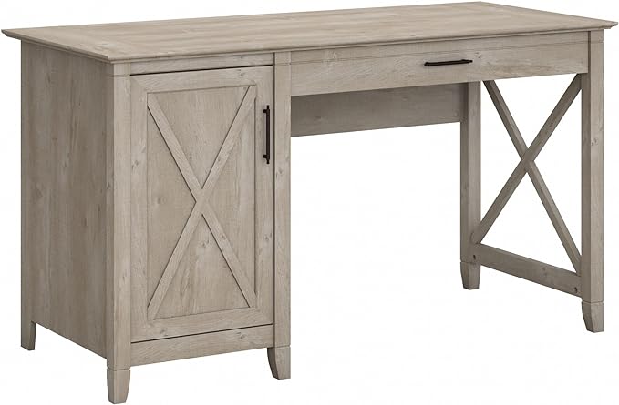 Bush Furniture Key West Computer Desk with Storage | Farmhouse PC Table for Home Office in Washed Gray | 54W x 24D - LeafyLoom