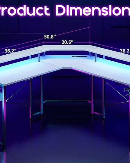 ODK L Shaped Gaming Desk with LED Lights & Power Outlets, 51" Computer Desk with Full Monitor Stand, Corner Desk with Cup Holder, Gaming Table with Hooks, White - LeafyLoom